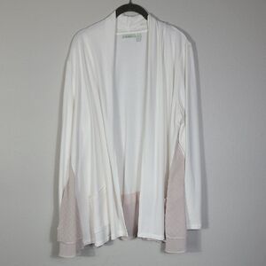 LOGO Lori Goldstein Open Cardigan Size L White Lounge Stretch Chiffon Tiered